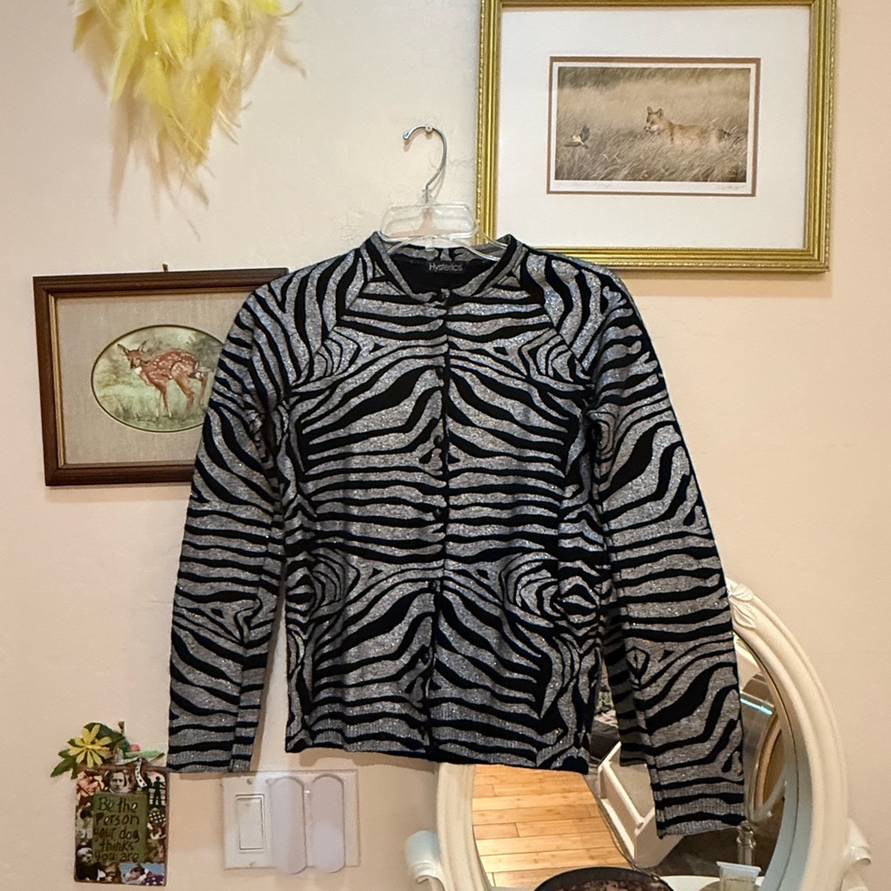 RARE Early Hysteric Glamour silver zebra print button up sweater. Free size.